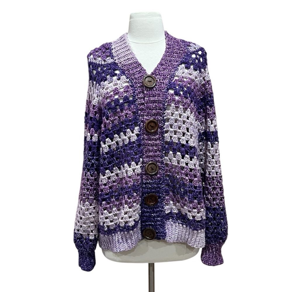 Purple Crochet Hand Knit Hooded Cardigan Size Large